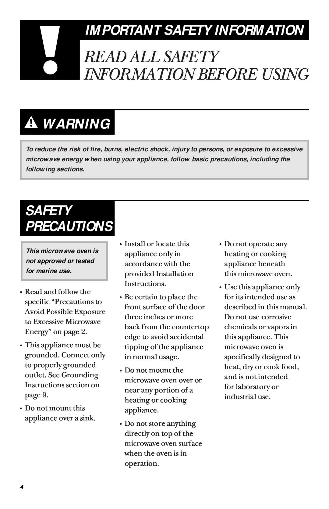 GE JES1033 owner manual Safety Precautions, Read All Safety Information Before Using, Important Safety Information 
