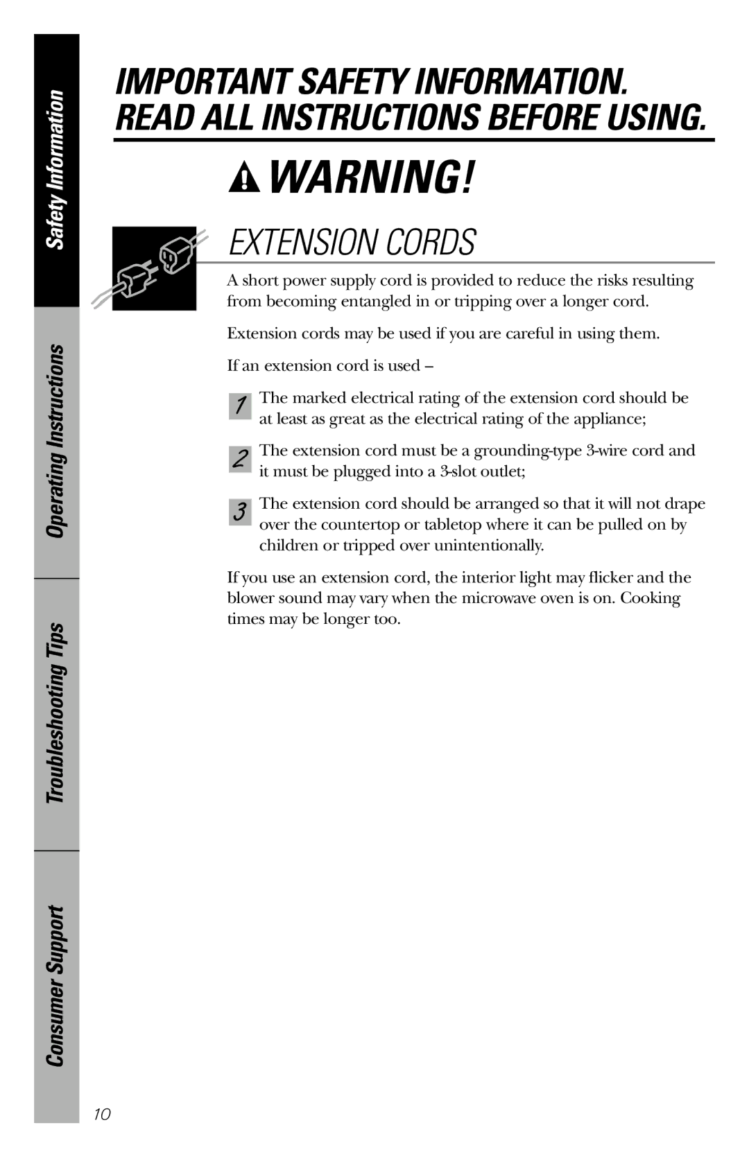 GE JES1034 owner manual Extension Cords 