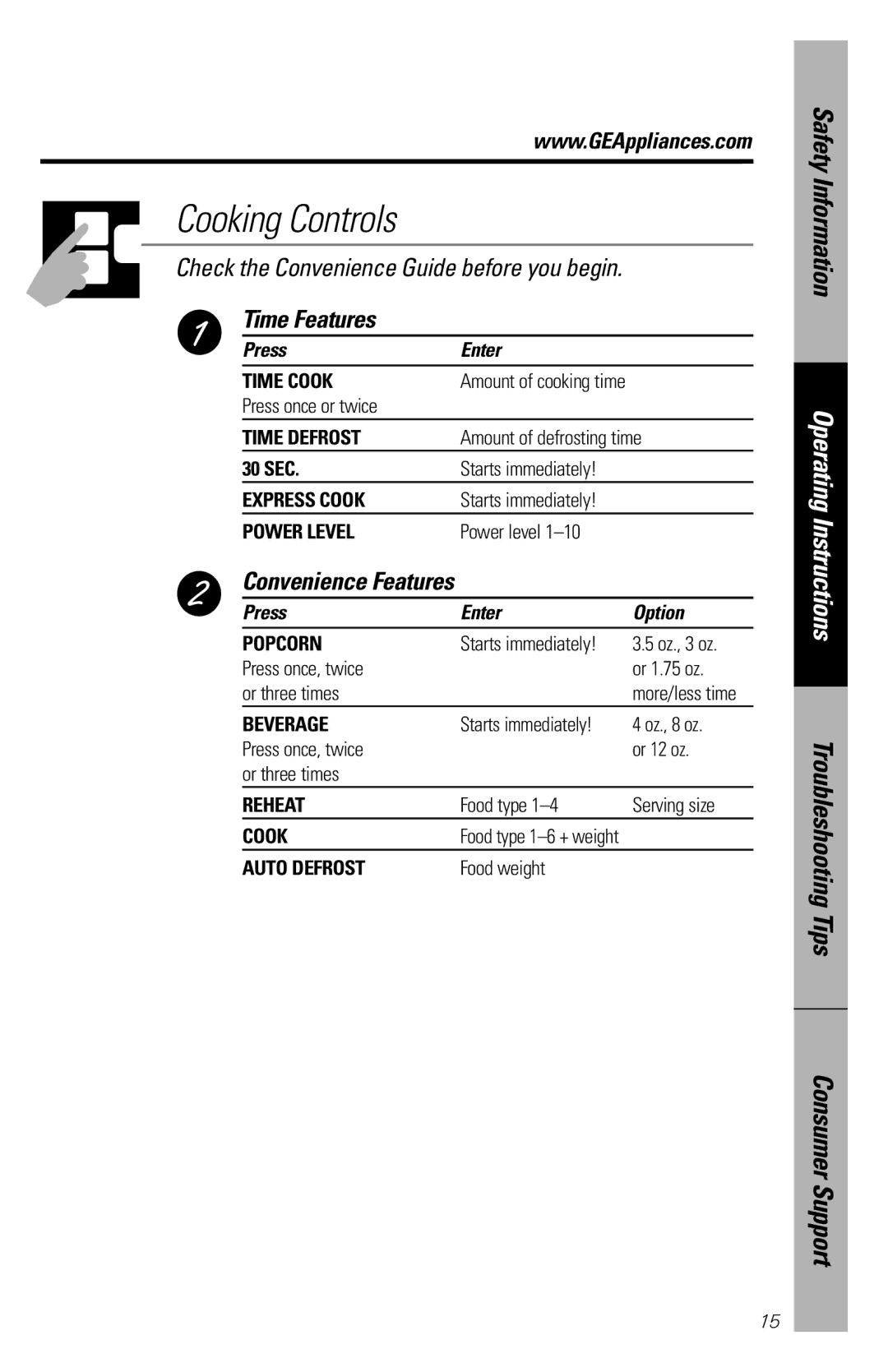 GE JES1034 owner manual Time Features, Convenience Features 