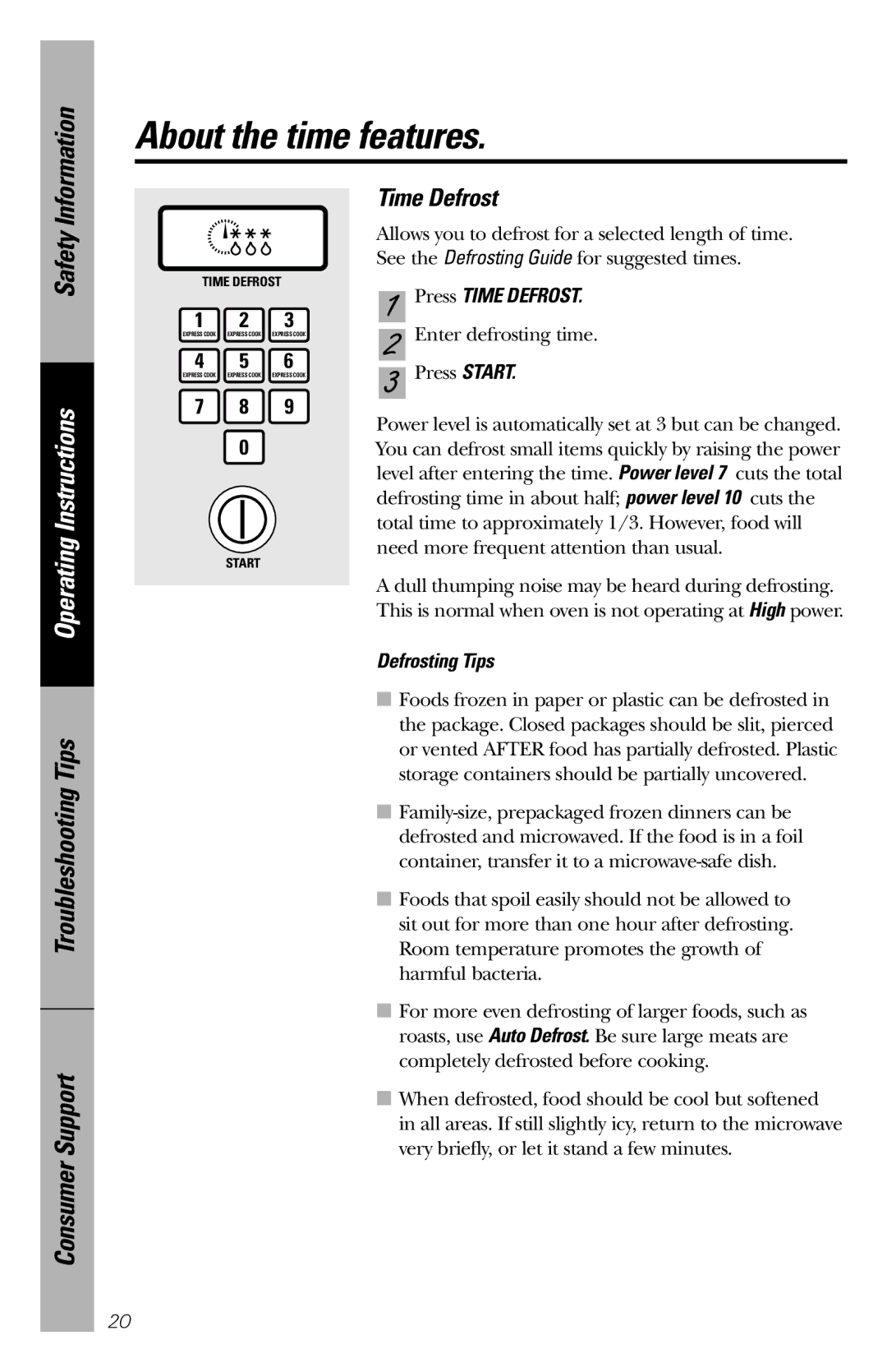 GE JES1034 owner manual Time Defrost, Defrosting Tips 