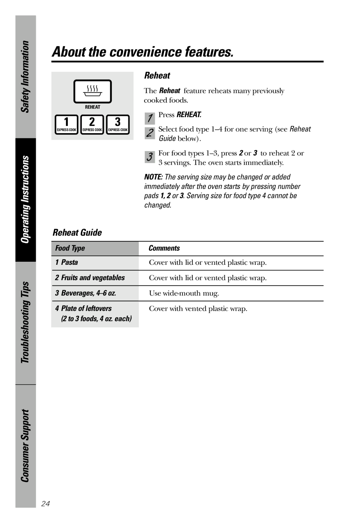 GE JES1034 owner manual About the convenience features, Reheat Guide 