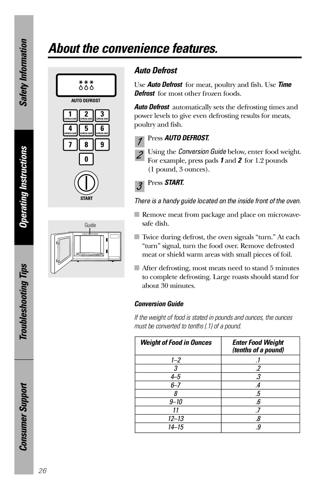 GE JES1034 owner manual Press Auto Defrost, Conversion Guide, Enter Food Weight 