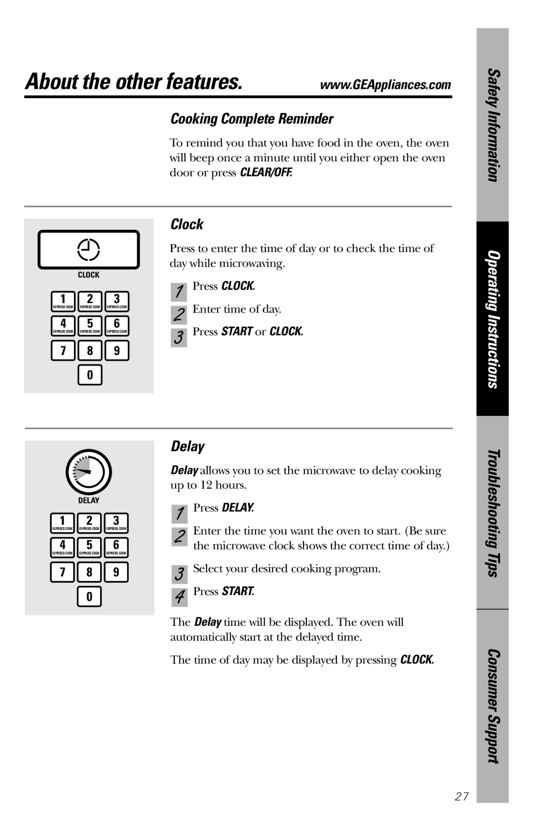 GE JES1034 owner manual About the other features, Cooking Complete Reminder, Clock, Delay 