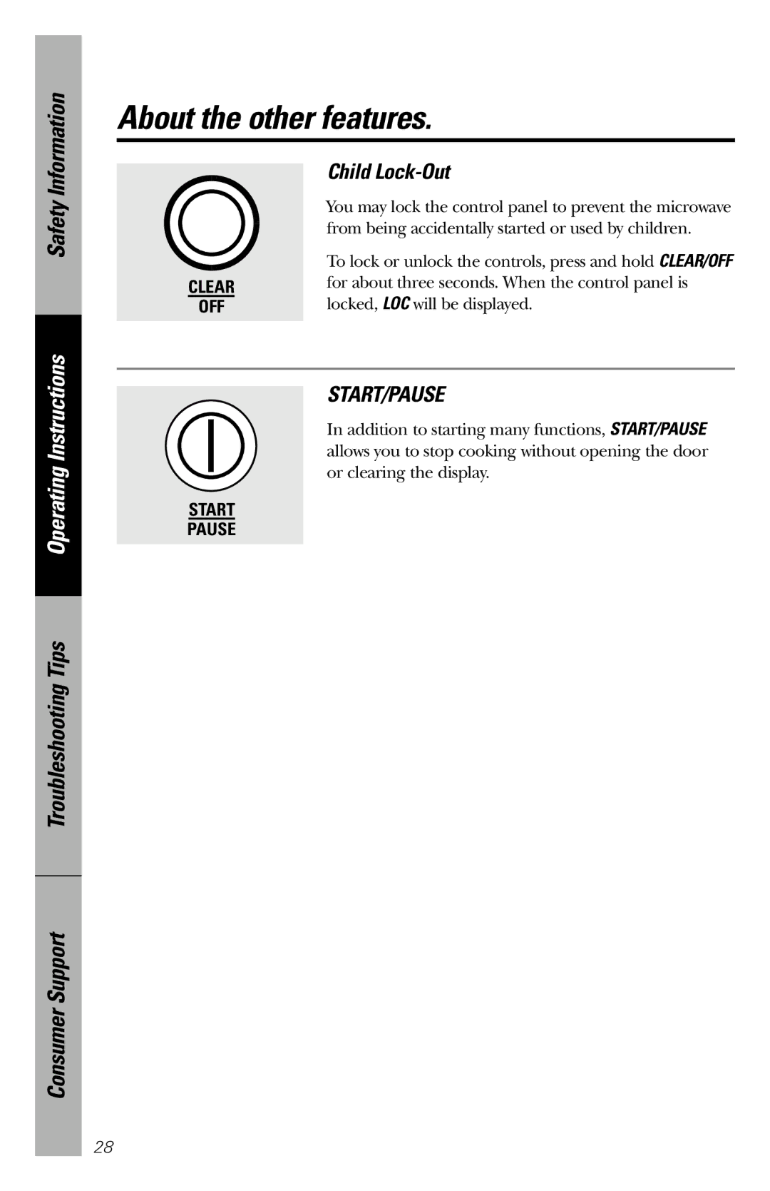 GE JES1034 owner manual Child Lock-Out, Start/Pause 