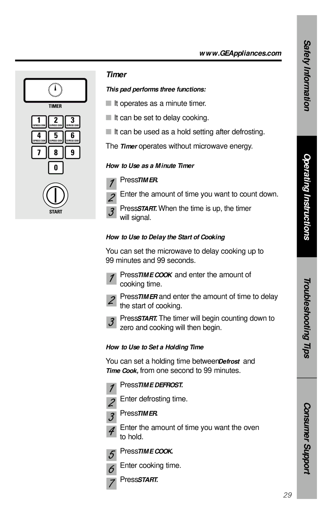 GE JES1034 owner manual Timer 