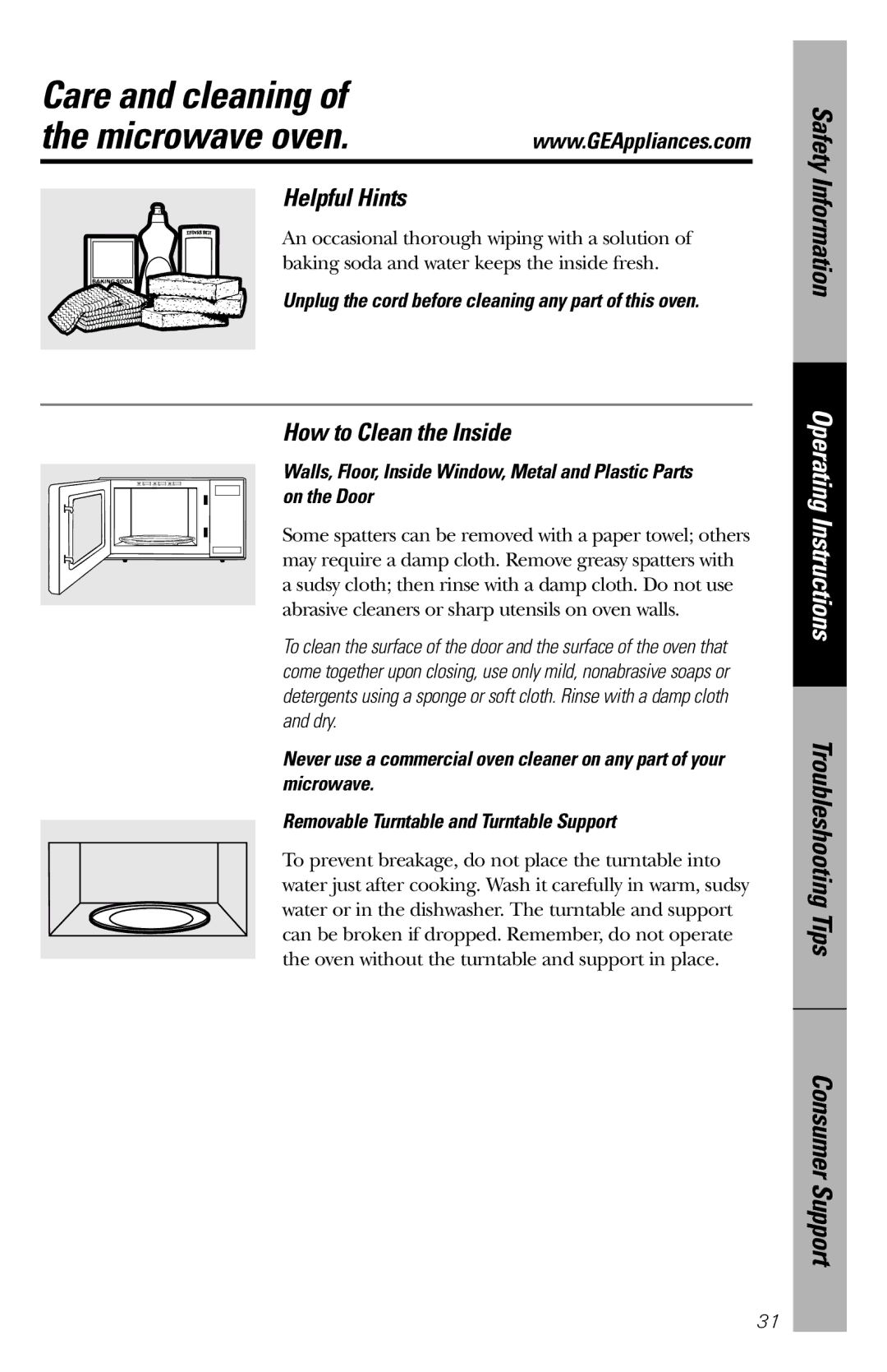 GE JES1034 owner manual Care and cleaning, Helpful Hints, How to Clean the Inside 