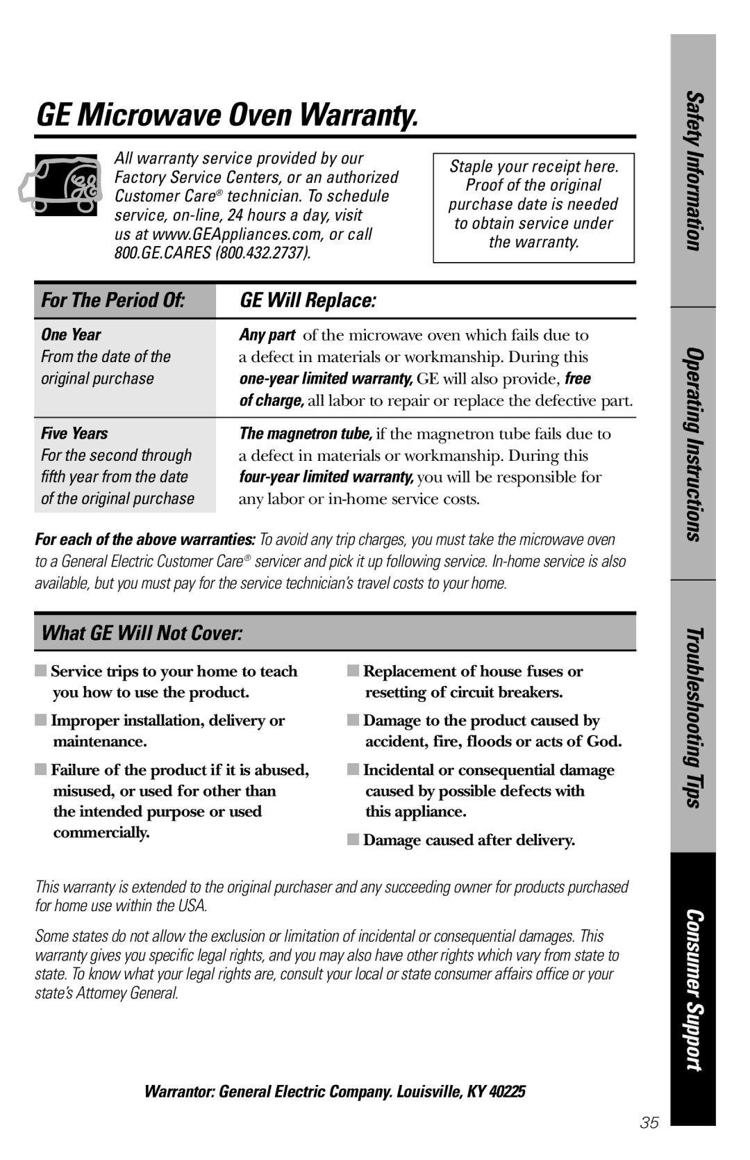 GE JES1034 owner manual GE Microwave Oven Warranty, GE Will Replace, What GE Will Not Cover, Troubleshooting Tips 