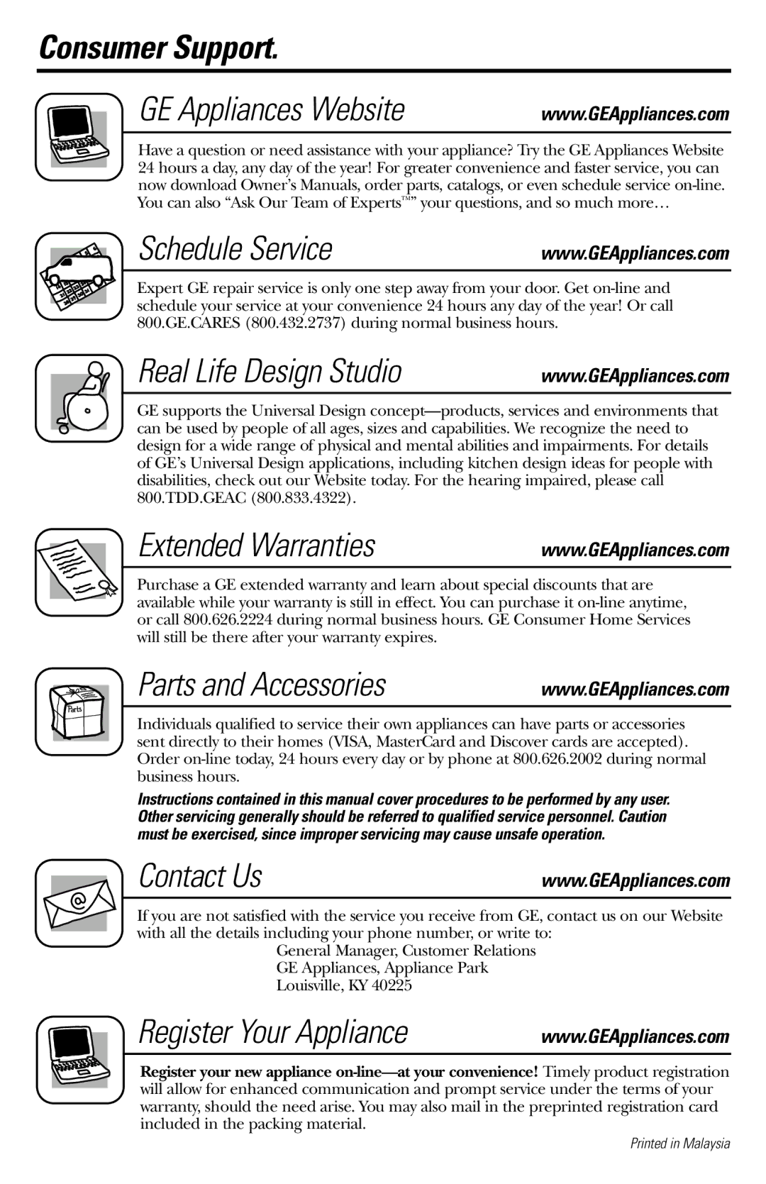 GE JES1034 Consumer Support GE Appliances Website Schedule Service, Real Life Design Studio, Extended Warranties 