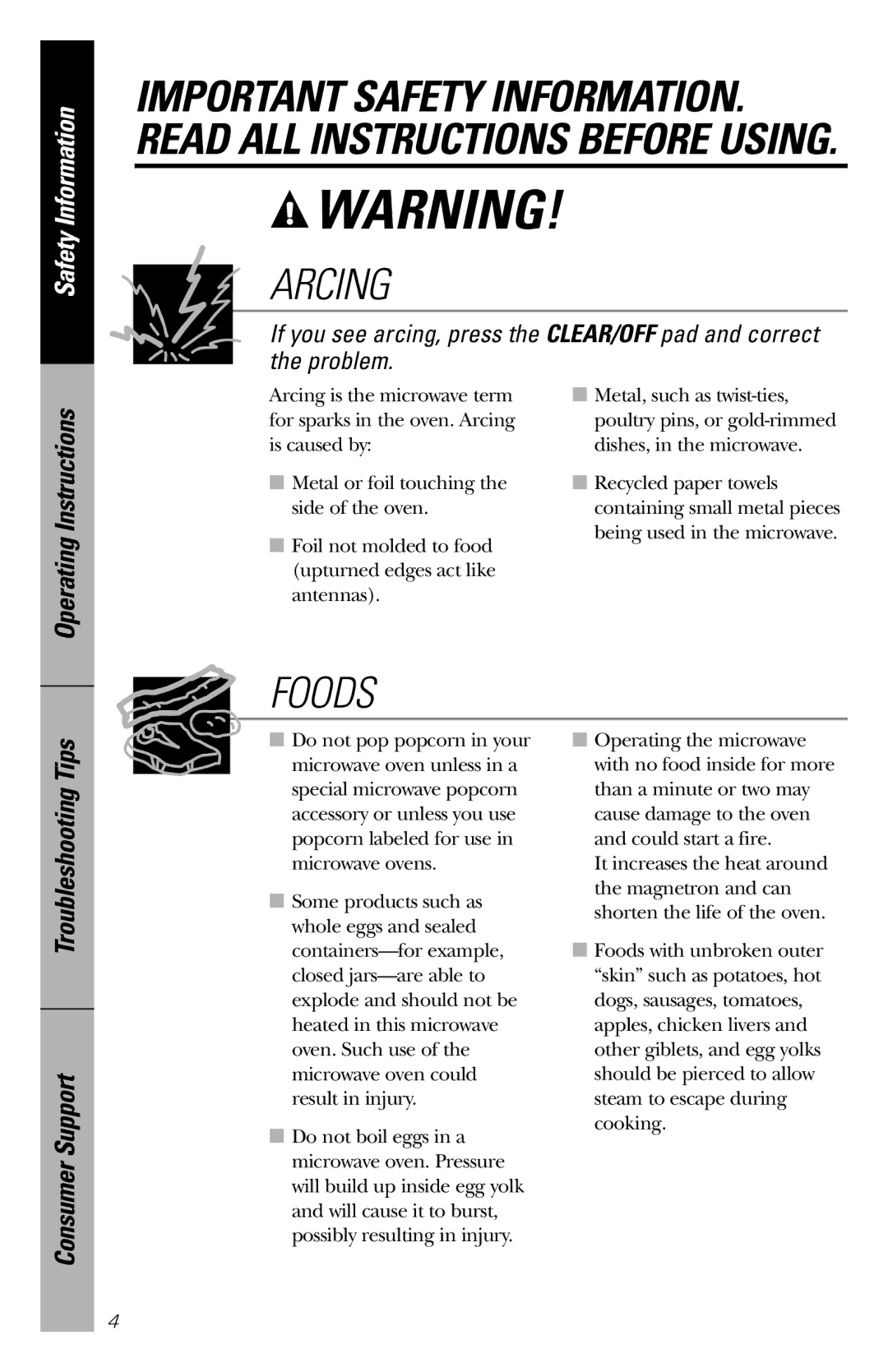 GE JES1034 owner manual Arcing, Operating Instructions 