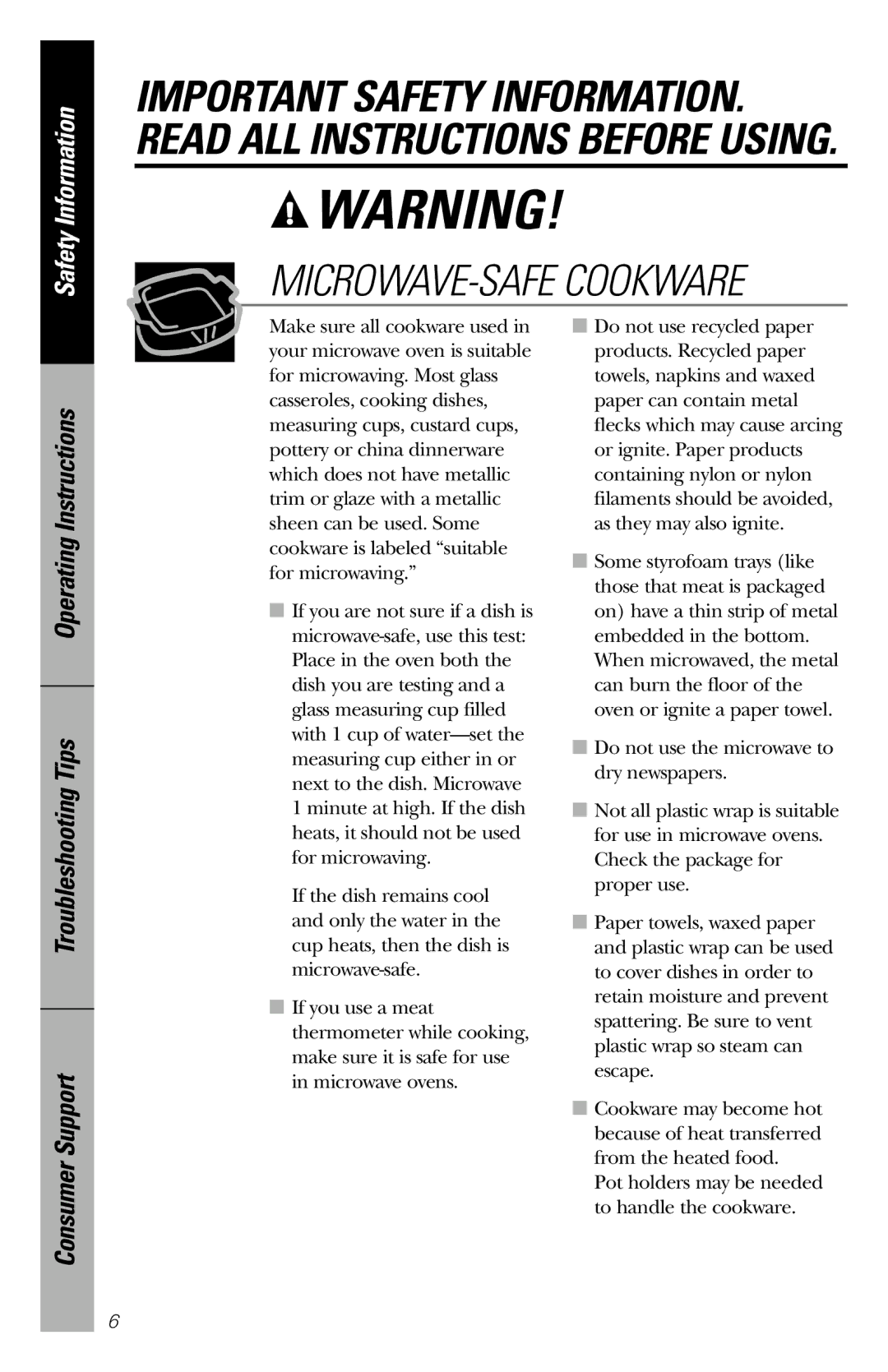 GE JES1034 owner manual MICROWAVE-SAFE Cookware 