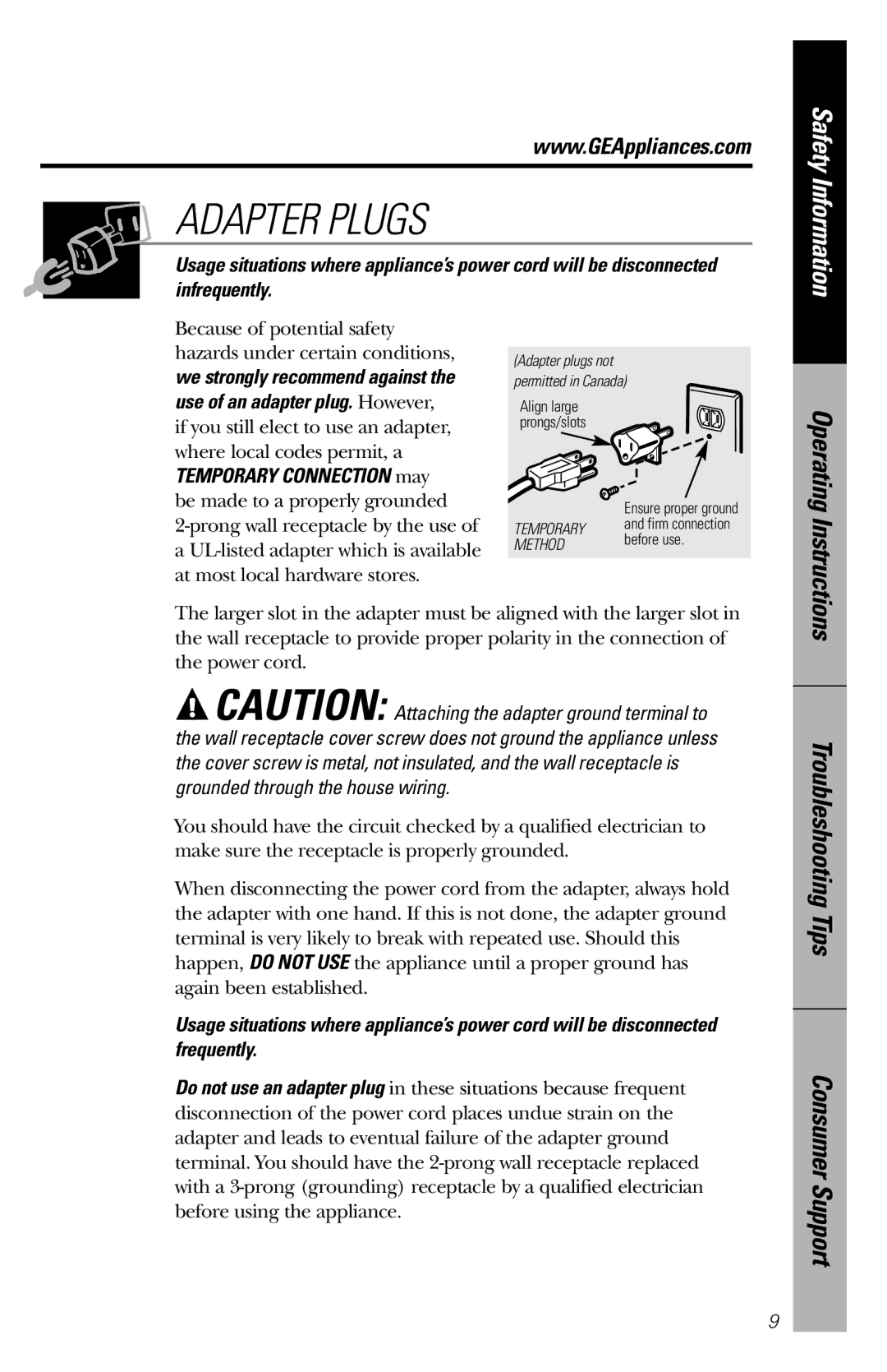 GE JES1034 owner manual Adapter Plugs, Infrequently 