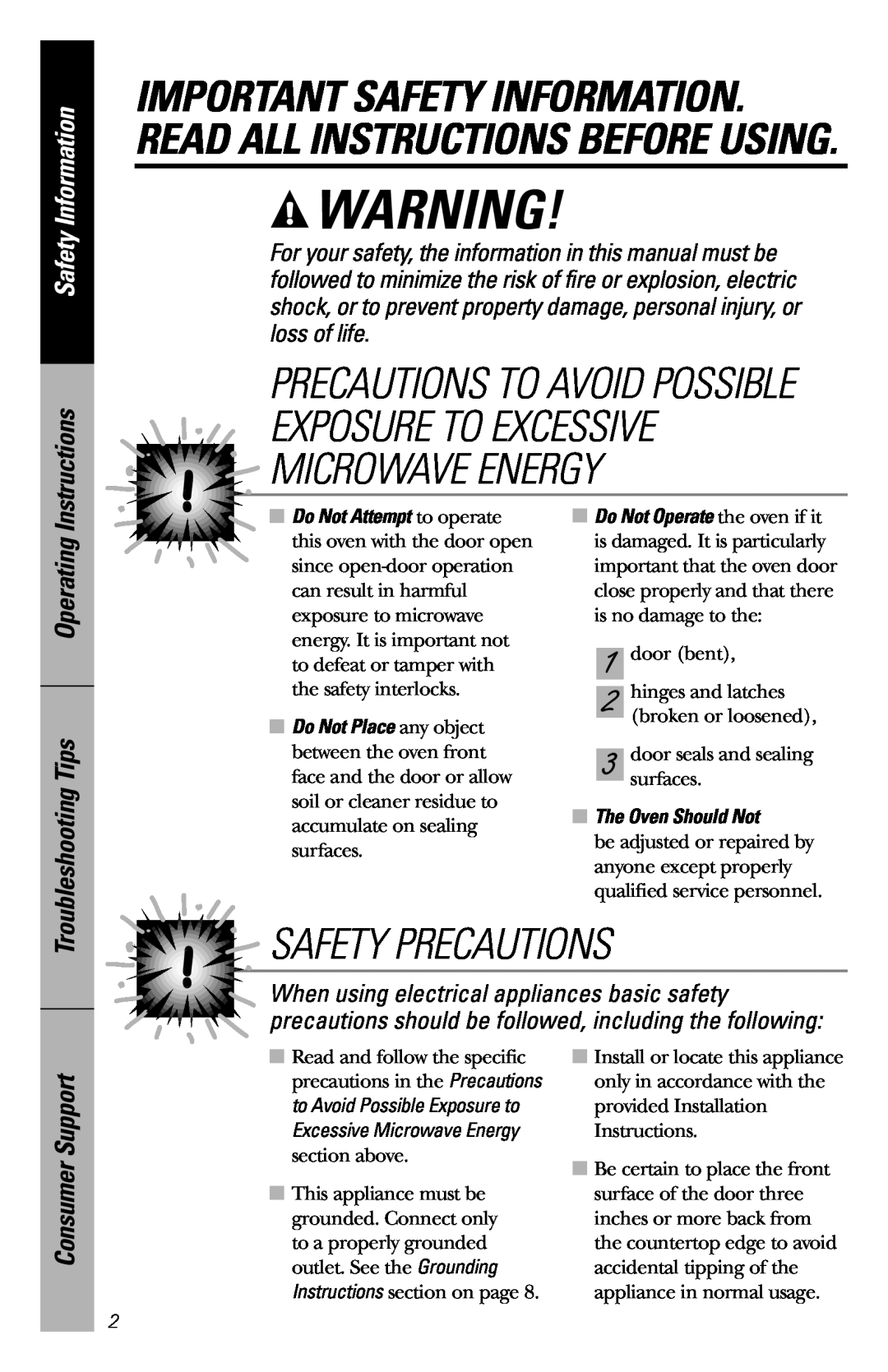 GE JES1034 Safety Precautions, Safety Information, Instructions, Operating Troubleshooting Tips, Consumer Support 