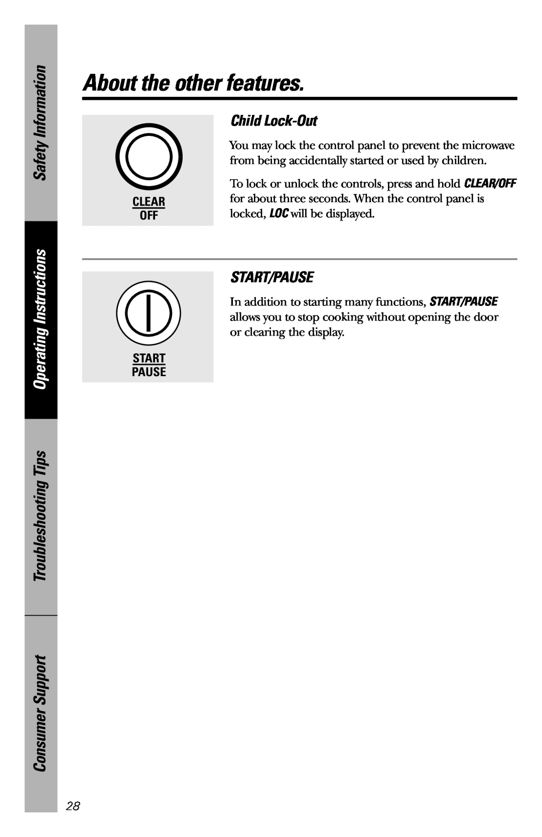 GE JES1034 Child Lock-Out, Operating Instructions, Start/Pause, About the other features, Safety Information, Start Pause 