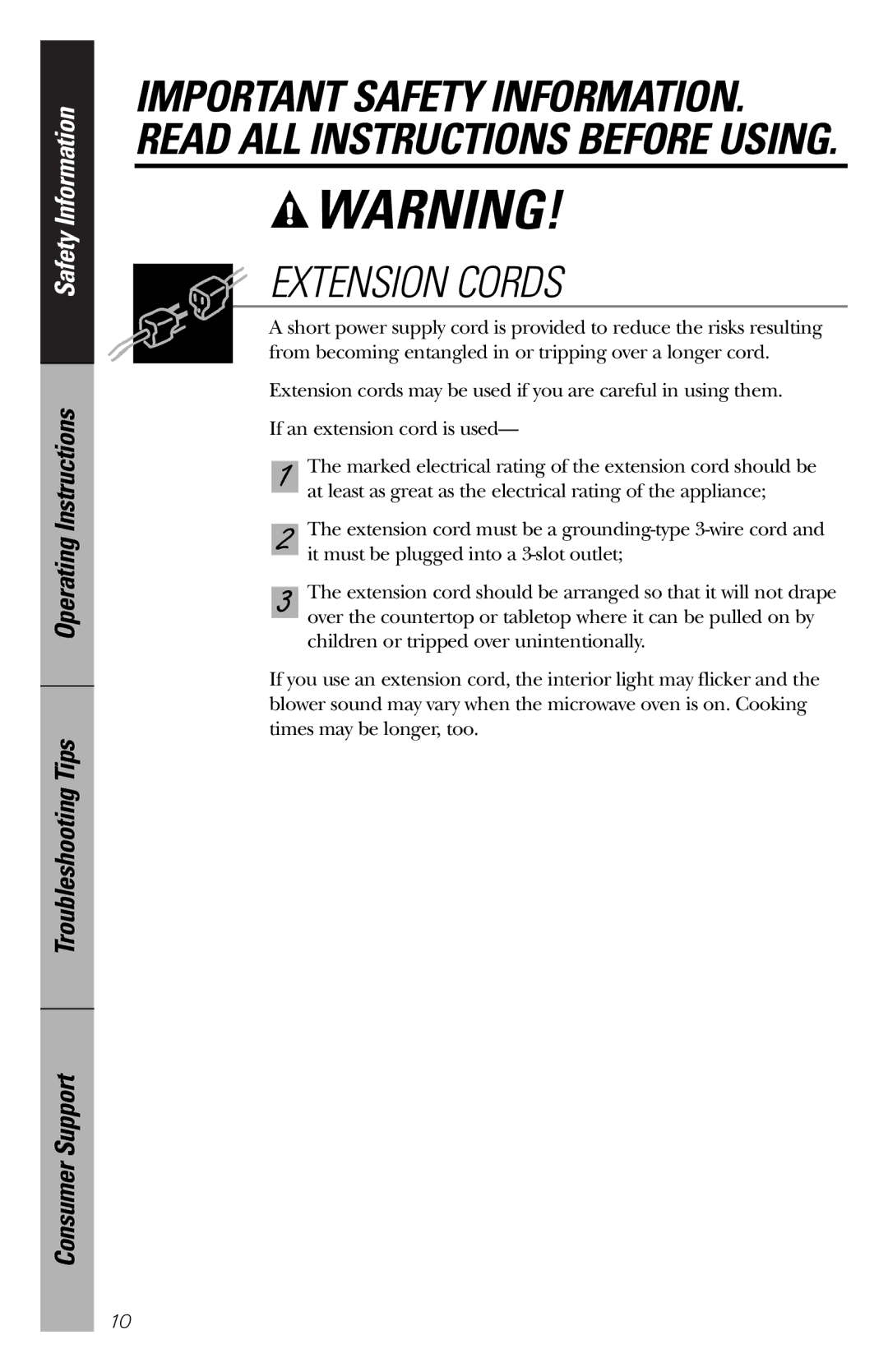 GE JES1036 owner manual Extension Cords 