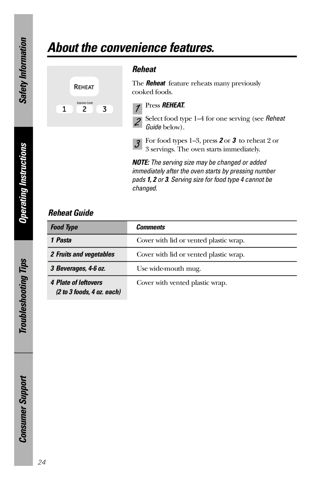 GE JES1036 owner manual About the convenience features, Reheat Guide 