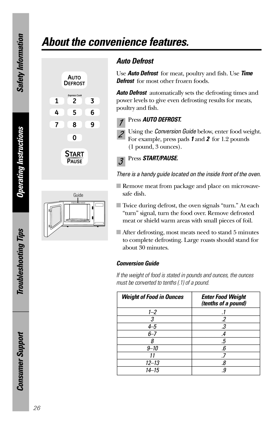 GE JES1036 owner manual Press Auto Defrost, Conversion Guide, Enter Food Weight 