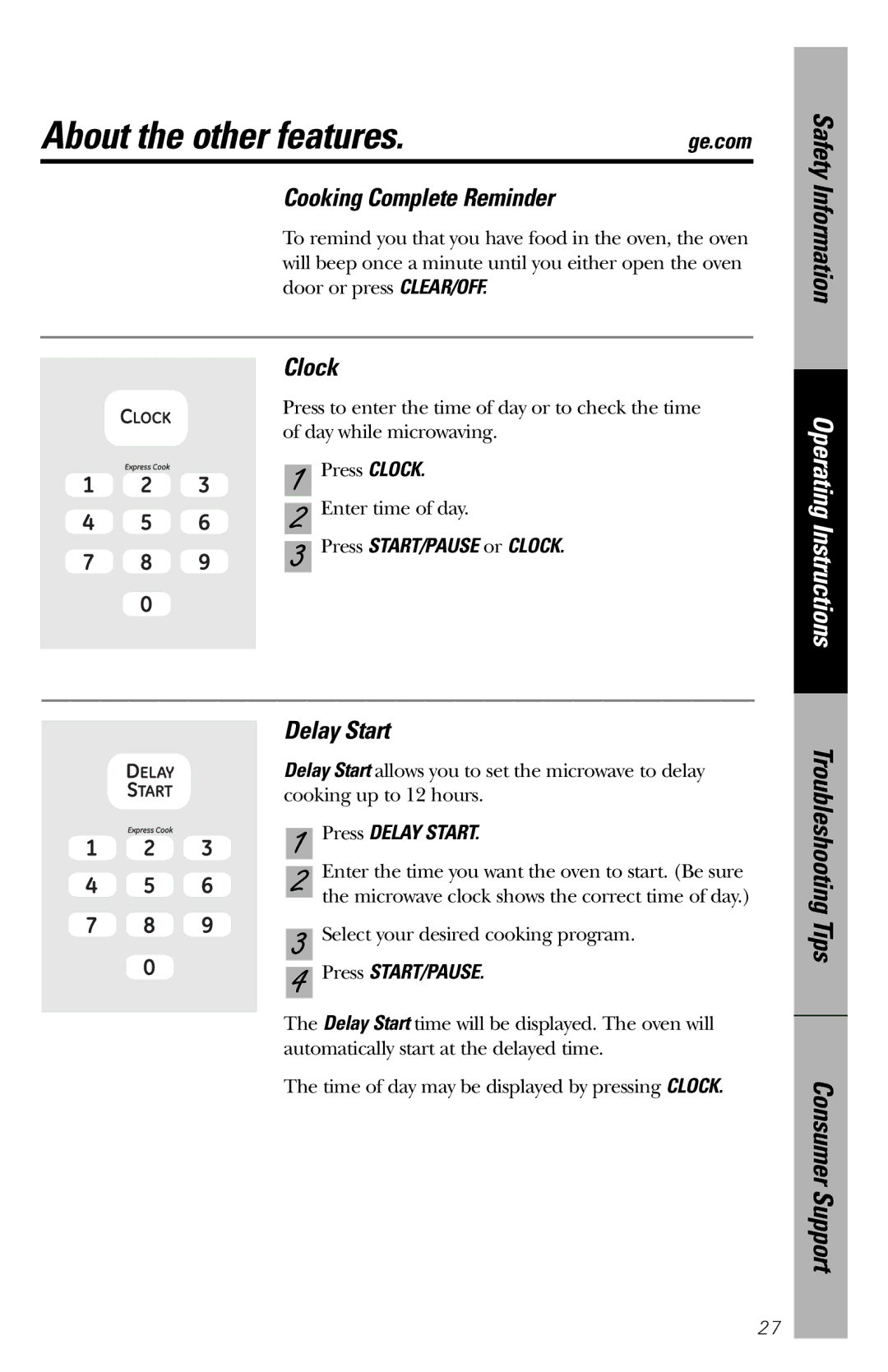 GE JES1036 owner manual About the other features, Cooking Complete Reminder, Clock, Press Delay Start 