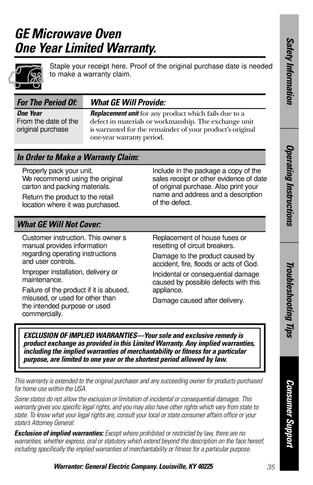 GE JES1036 owner manual GE Microwave Oven One Year Limited Warranty, What GE Will Provide, Order to Make a Warranty Claim 