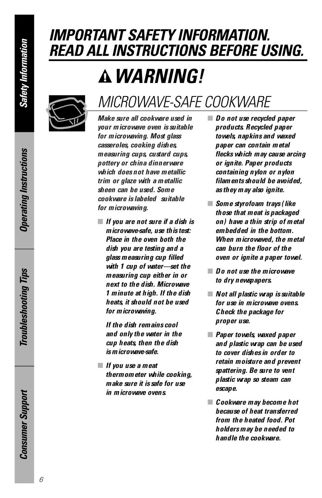 GE JES1036 owner manual MICROWAVE-SAFE Cookware 