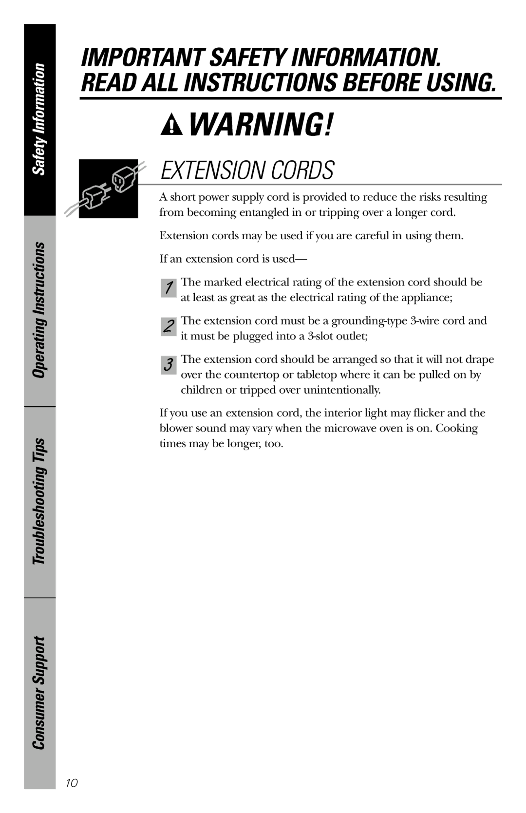 GE JES1036 owner manual Extension Cords 