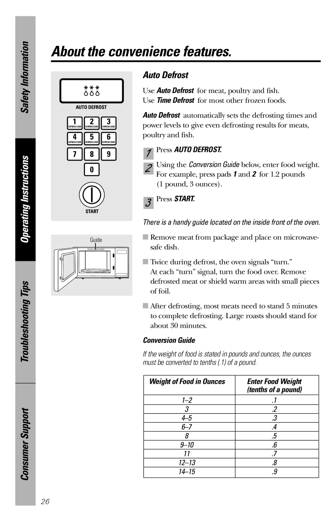 GE JES1036 owner manual Press Auto Defrost, Conversion Guide, Enter Food Weight 