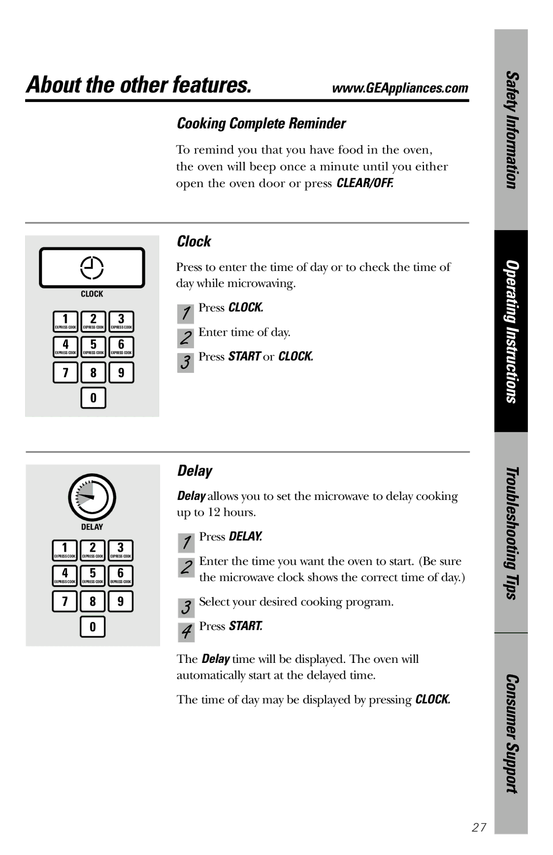 GE JES1036 owner manual About the other features, Cooking Complete Reminder, Clock, Delay 