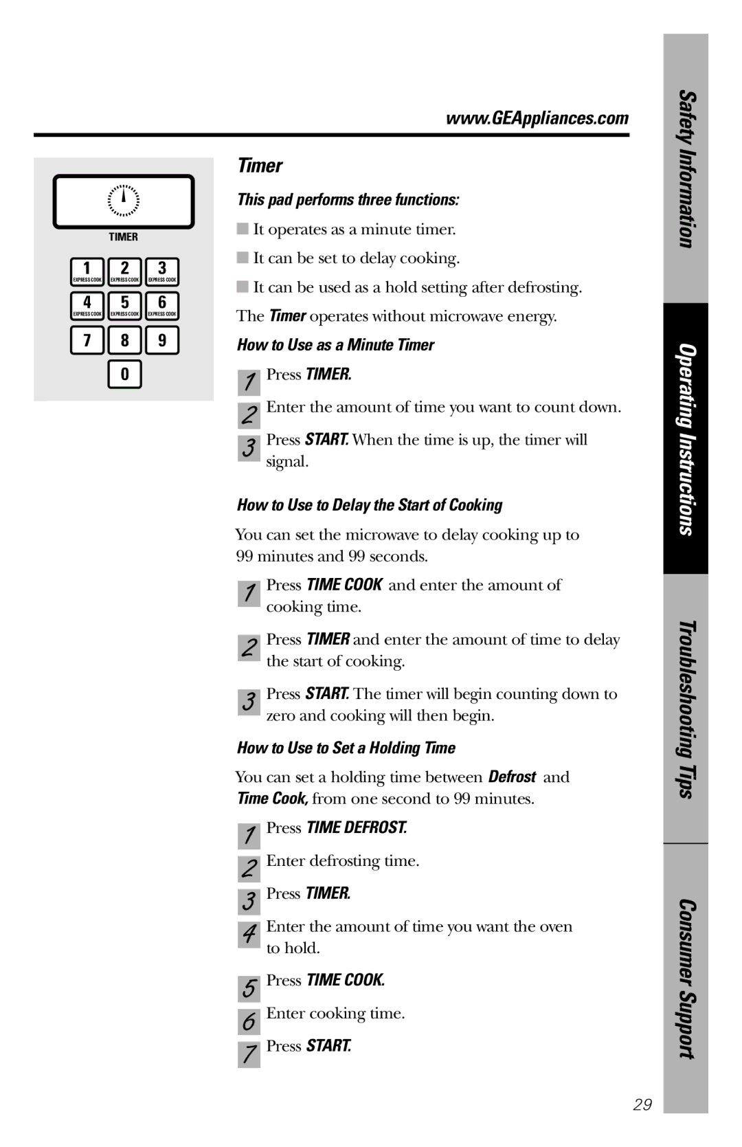 GE JES1036 owner manual Timer 