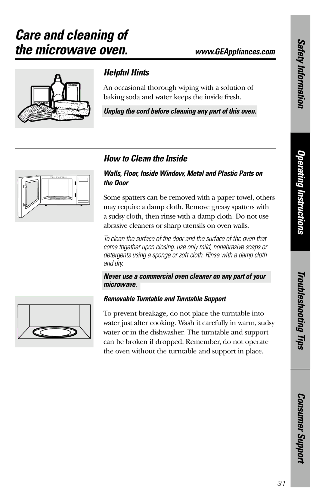 GE JES1036 owner manual Care and cleaning, Helpful Hints, How to Clean the Inside 