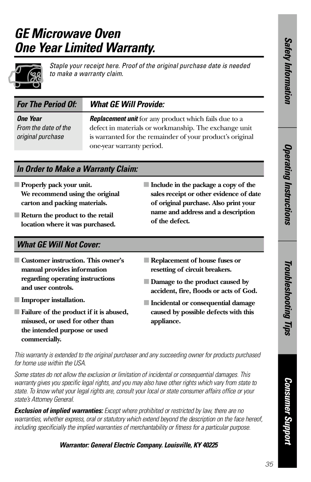 GE JES1036 owner manual GE Microwave Oven One Year Limited Warranty, What GE Will Provide, Order to Make a Warranty Claim 
