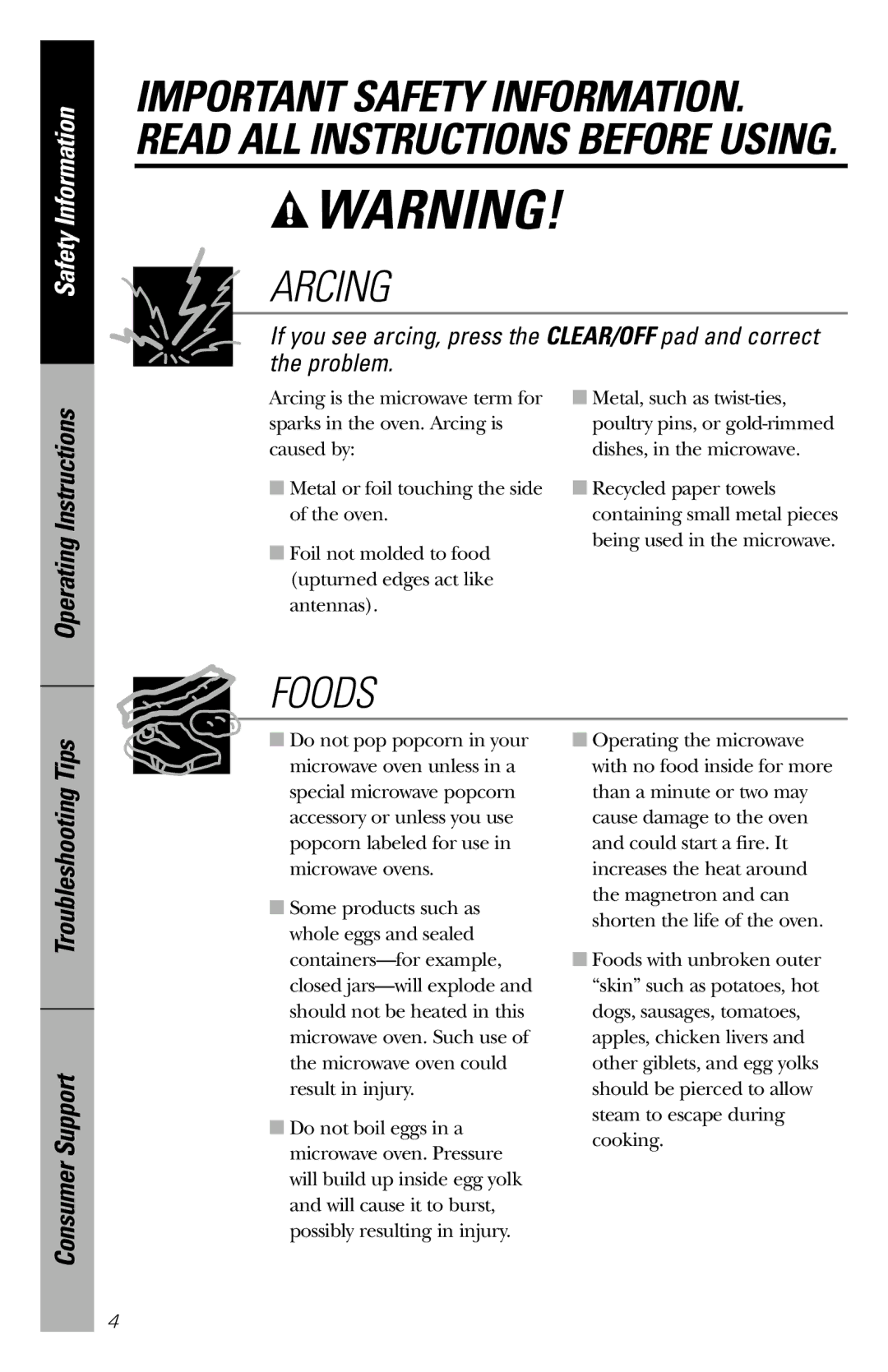 GE JES1036 owner manual Arcing, Operating Instructions 