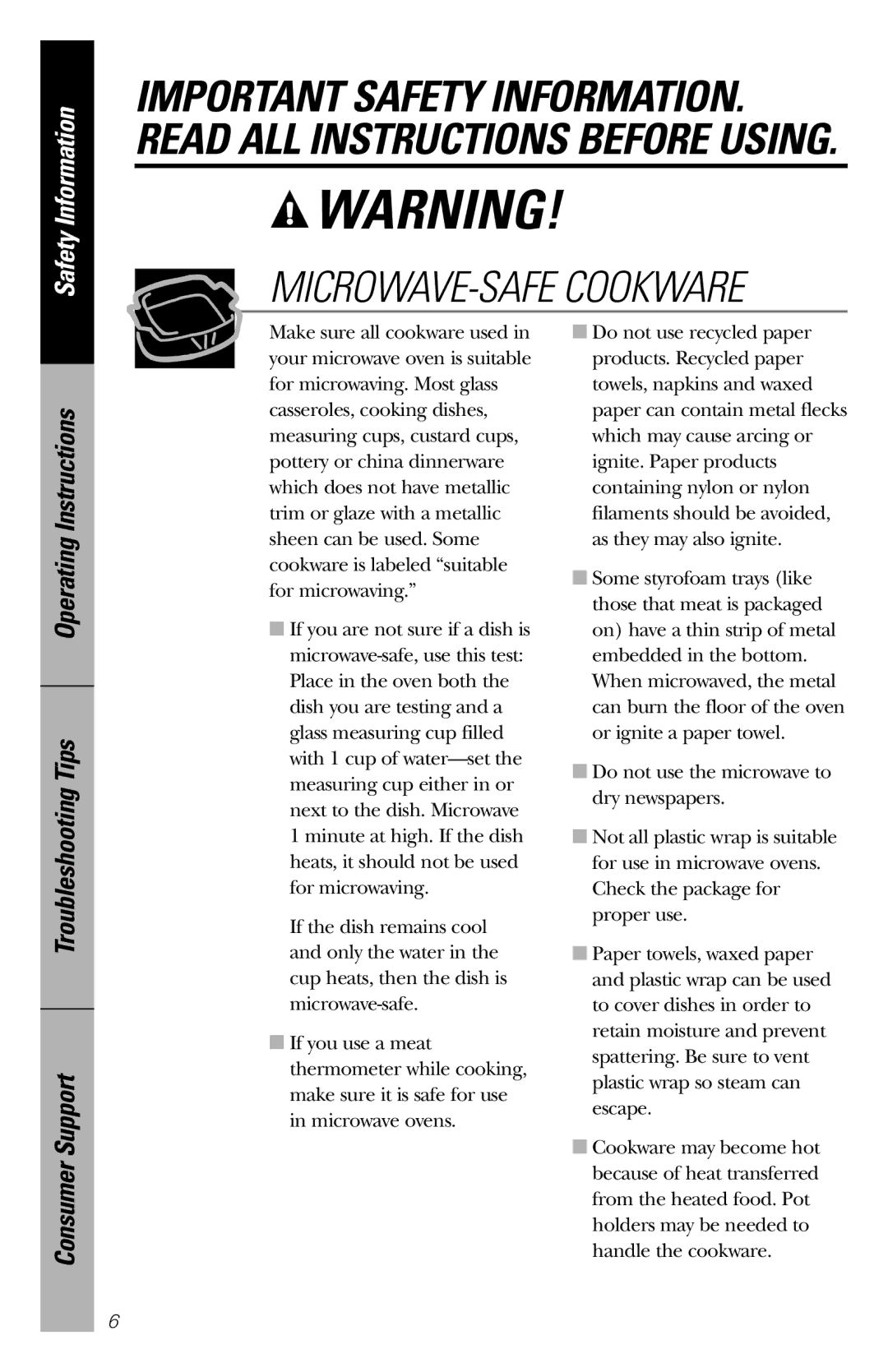 GE JES1036 owner manual MICROWAVE-SAFE Cookware 