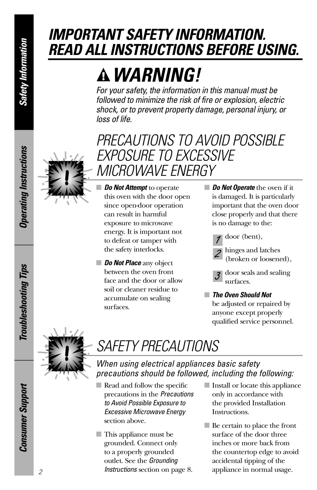 GE JES1036 Safety Precautions, Safety Information, Instructions, Operating Troubleshooting Tips, Consumer Support 