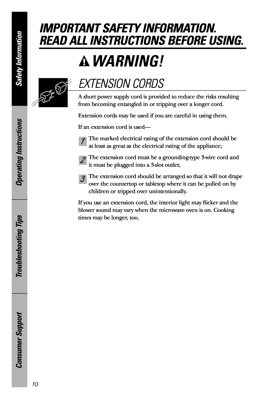 GE JES1036 owner manual Extension Cords, Important Safety Information. Read All Instructions Before Using 