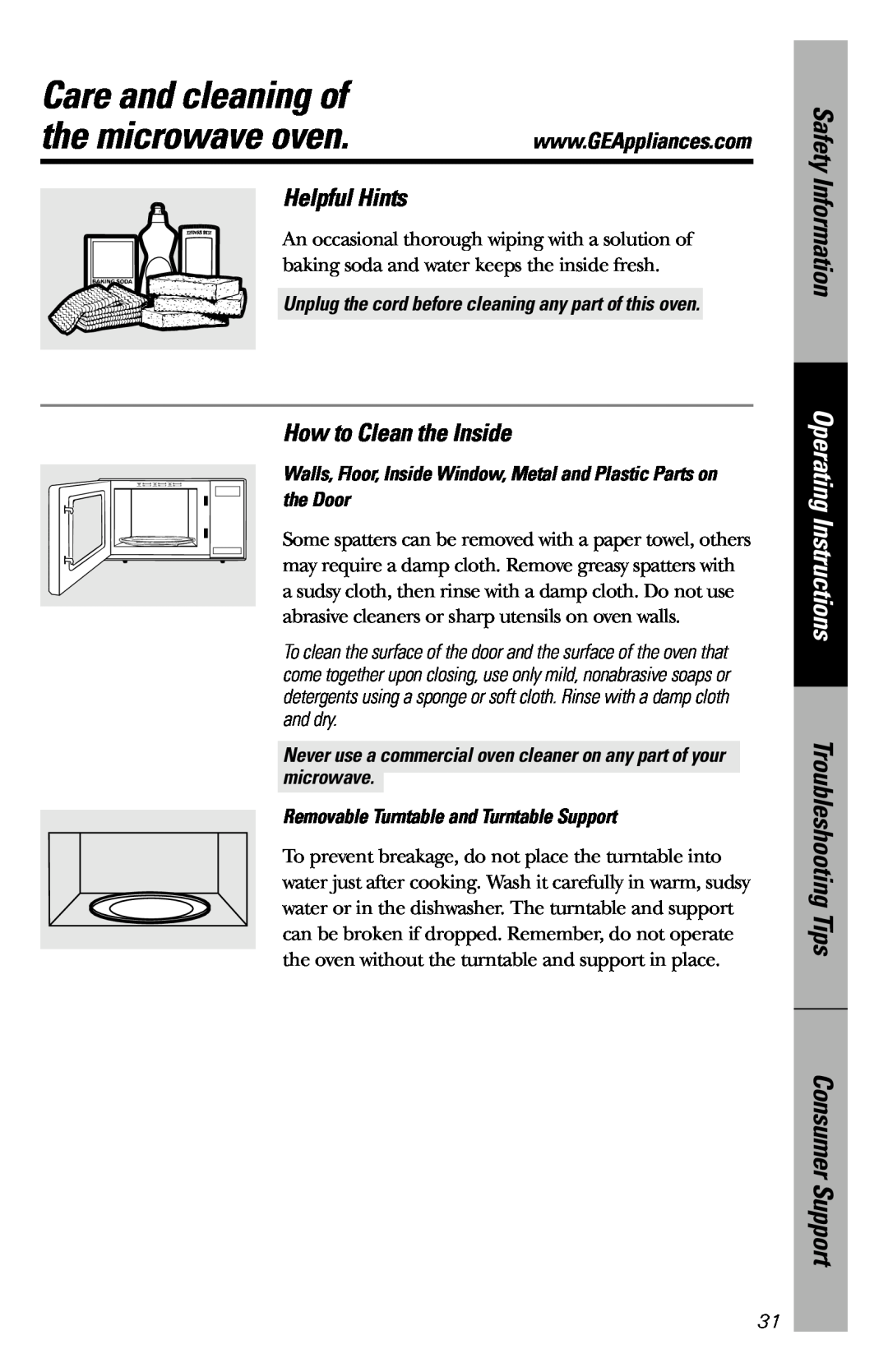 GE JES1036 Care and cleaning of, Helpful Hints, How to Clean the Inside, Safety Information, Operating Instructions 