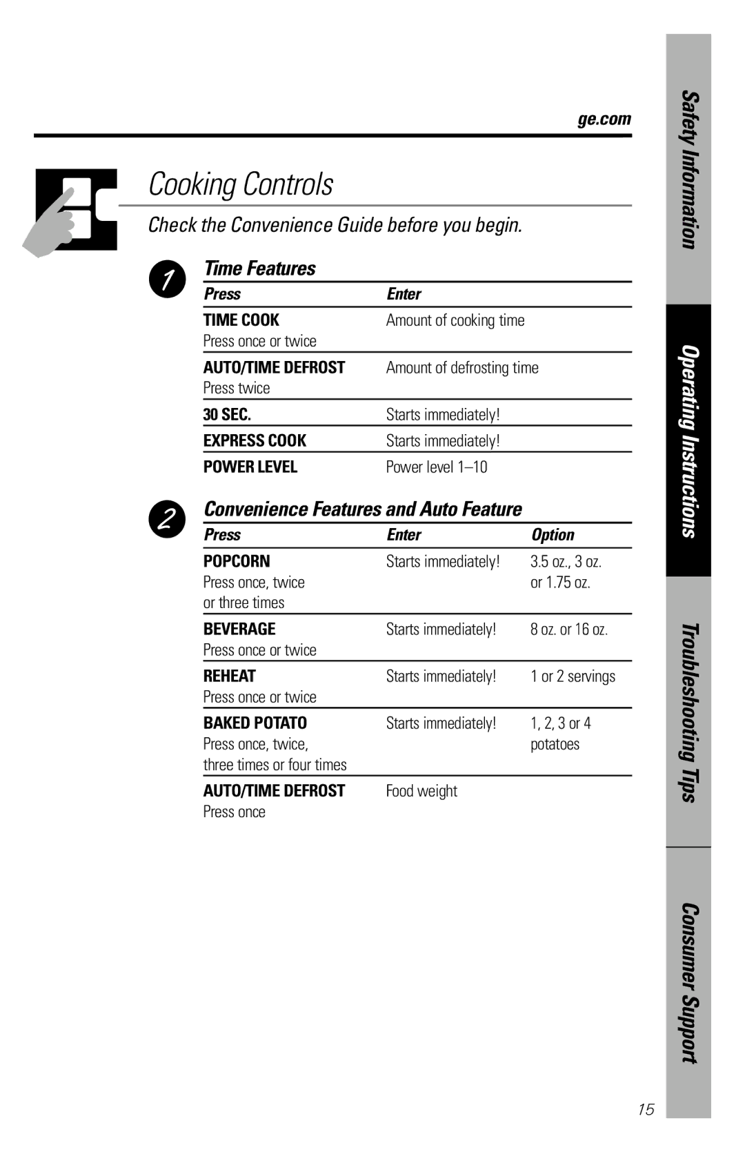 GE JES1039 owner manual Time Features, Convenience Features and Auto Feature, Press Enter Option 