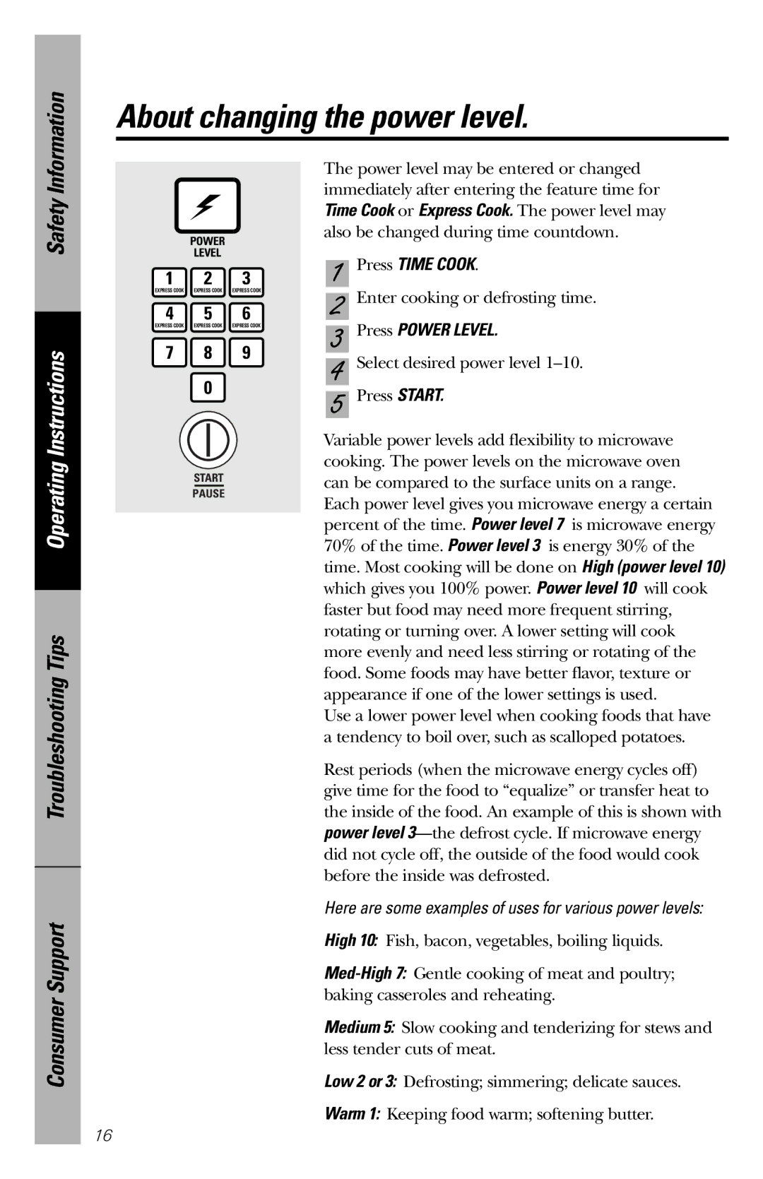 GE JES1039 owner manual About changing the power level, Press Time Cook, Press Power Level 