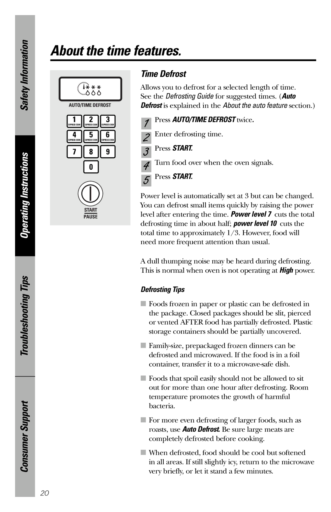 GE JES1039 owner manual Time Defrost, Press AUTO/TIME Defrost twice, Defrosting Tips 