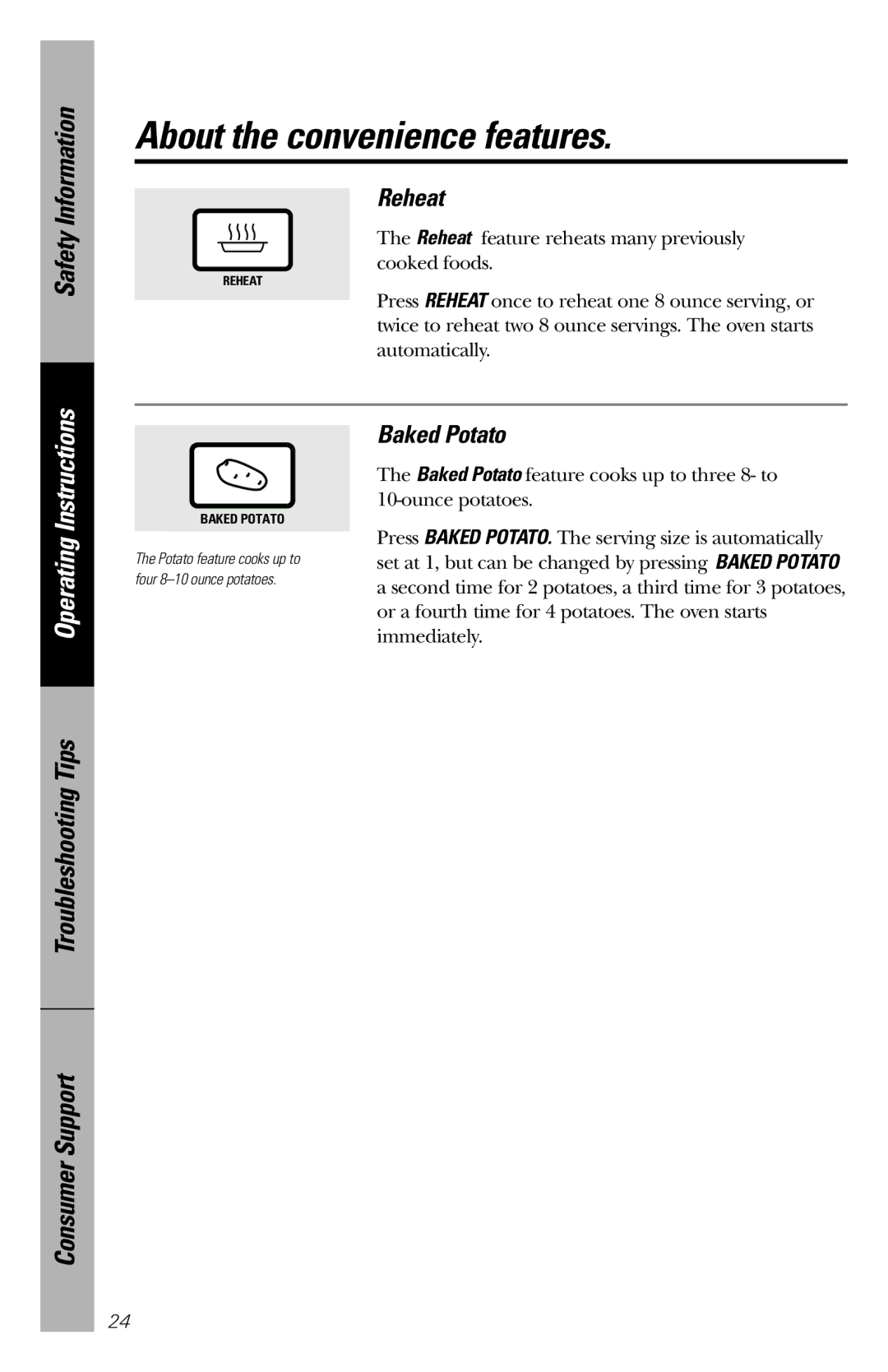 GE JES1039 owner manual About the convenience features, Reheat, Baked Potato 