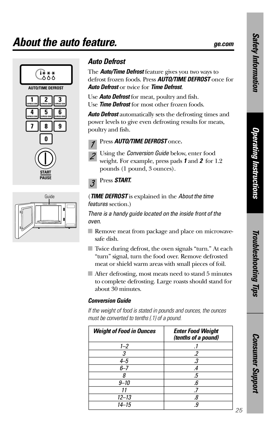 GE JES1039 About the auto feature, Auto Defrost, Press AUTO/TIME Defrost once, Troubleshooting Tips Conversion Guide 