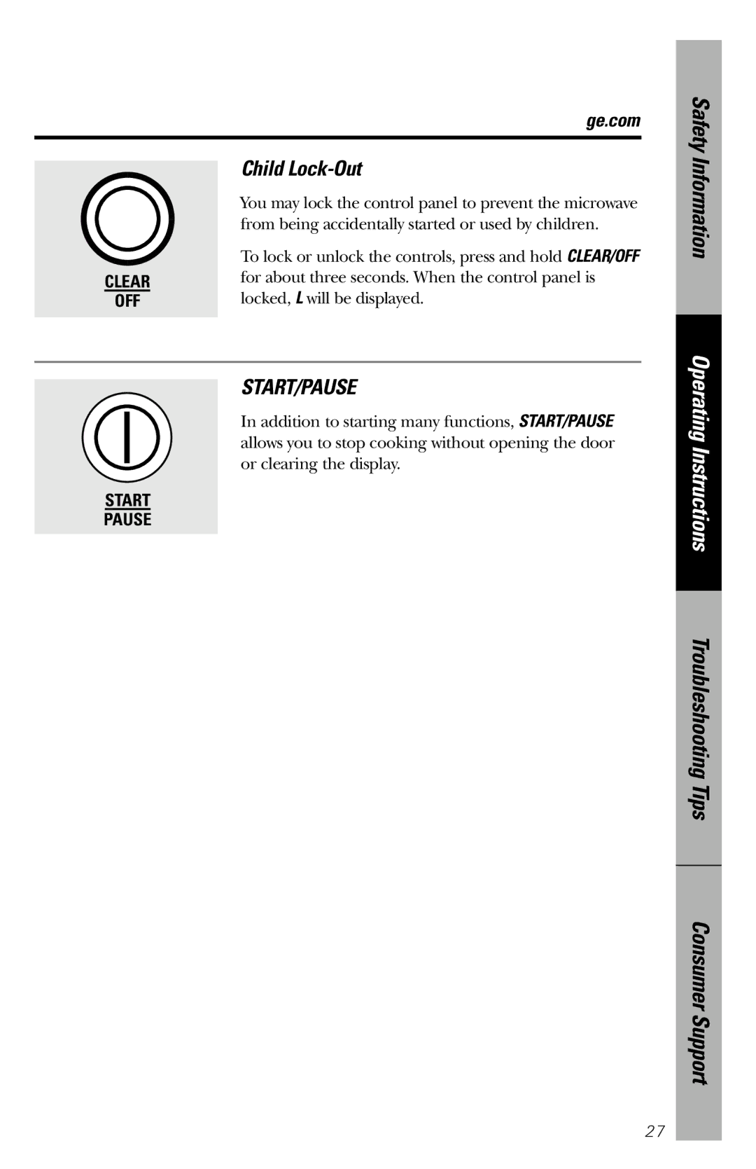 GE JES1039 owner manual Child Lock-Out, Start/Pause 