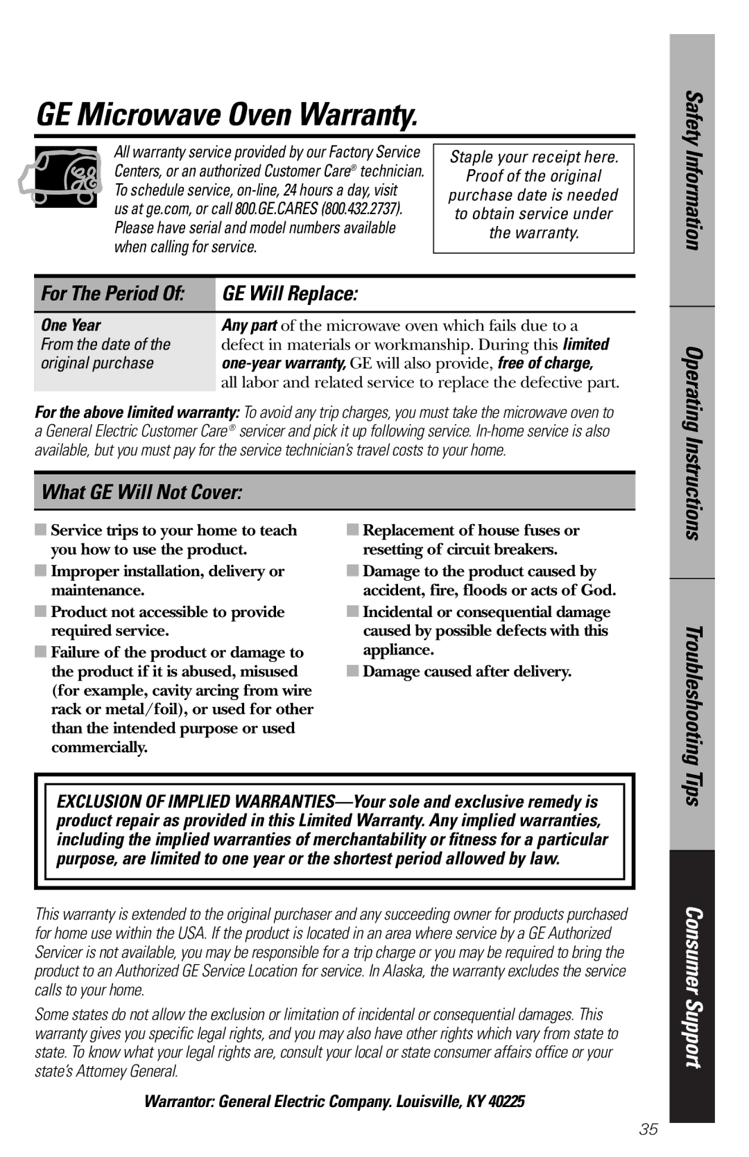 GE JES1039 owner manual GE Microwave Oven Warranty, GE Will Replace, What GE Will Not Cover, Safety 