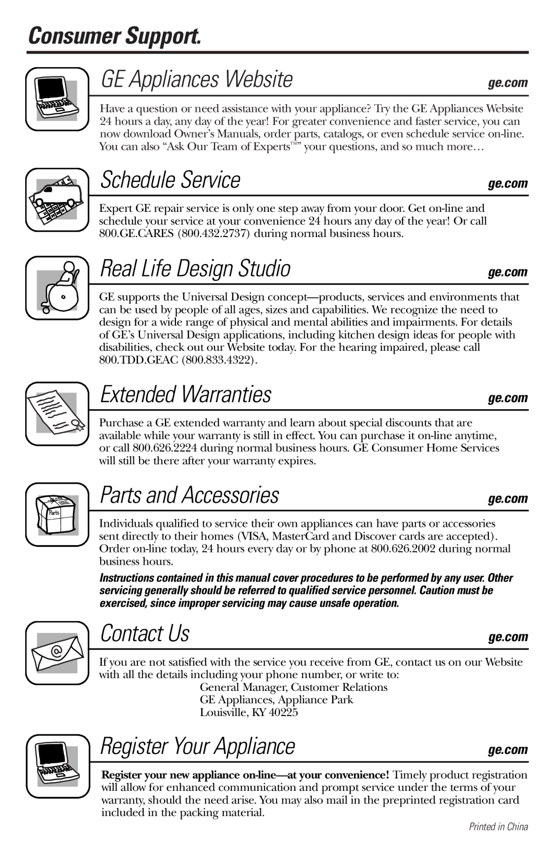 GE JES1039 Consumer Support GE Appliances Website, Schedule Service, Real Life Design Studio, Extended Warranties 