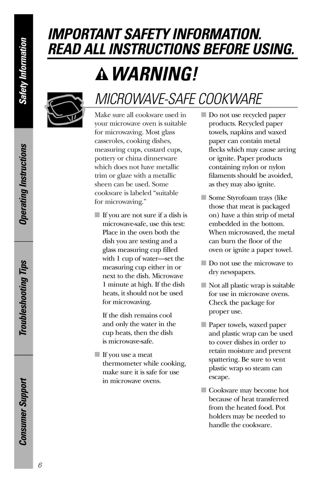 GE JES1039 owner manual MICROWAVE-SAFE Cookware 