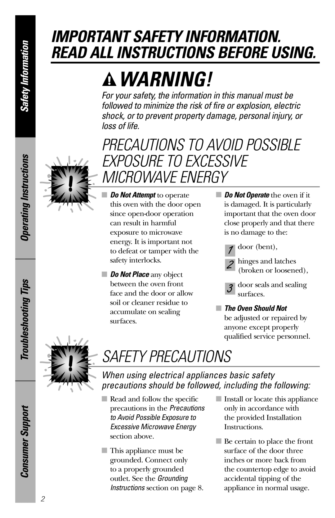 GE JES1039 Safety Precautions, Safety Information, Instructions, Operating Troubleshooting Tips, Consumer Support 
