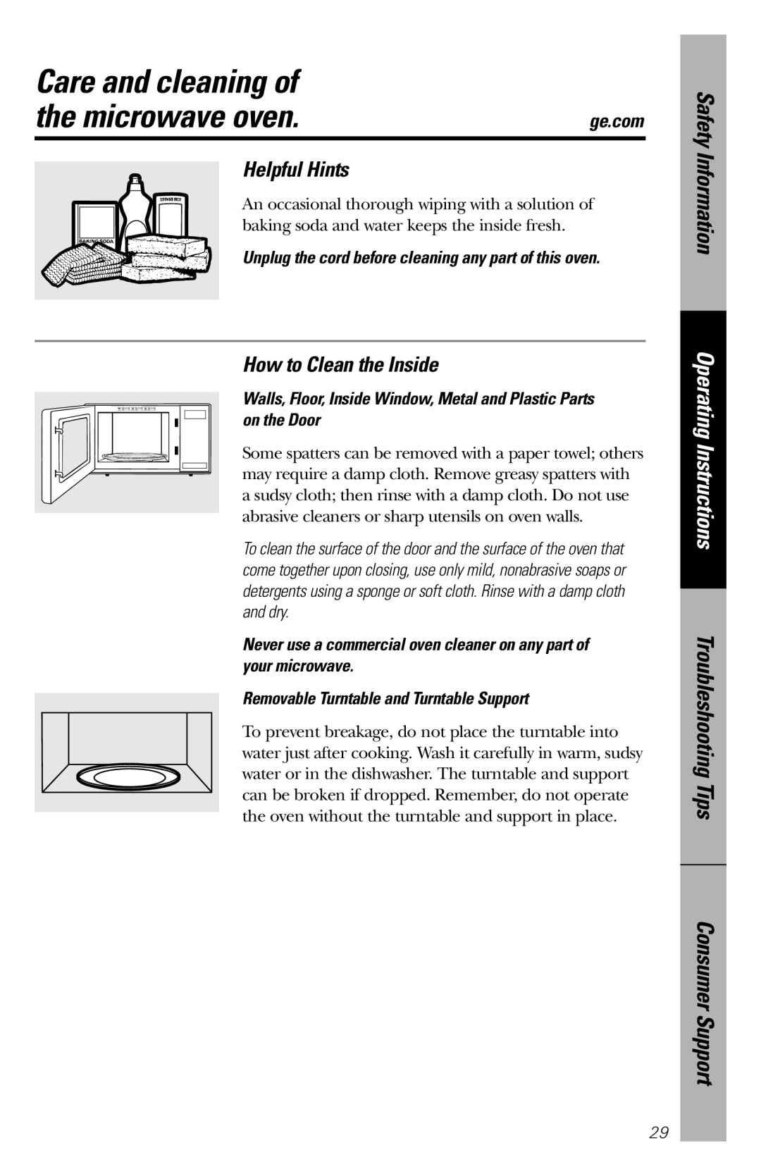 GE JES1039 Care and cleaning of, the microwave oven, Helpful Hints, How to Clean the Inside, Safety Information 
