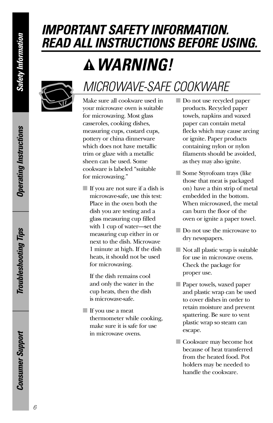 GE JES1039 Microwave-Safecookware, Safety Information, Operating Instructions Troubleshooting Tips, Consumer Support 