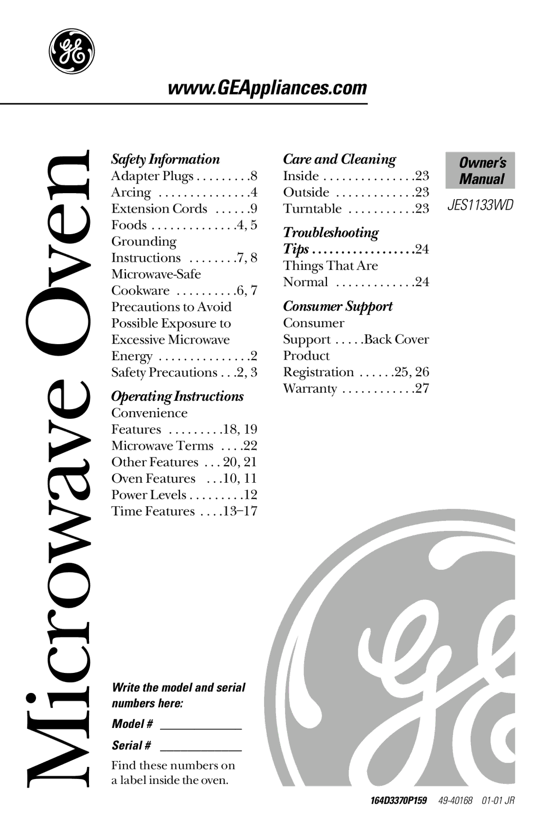 GE JES1133WD owner manual Manual, Write the model and serial numbers here 