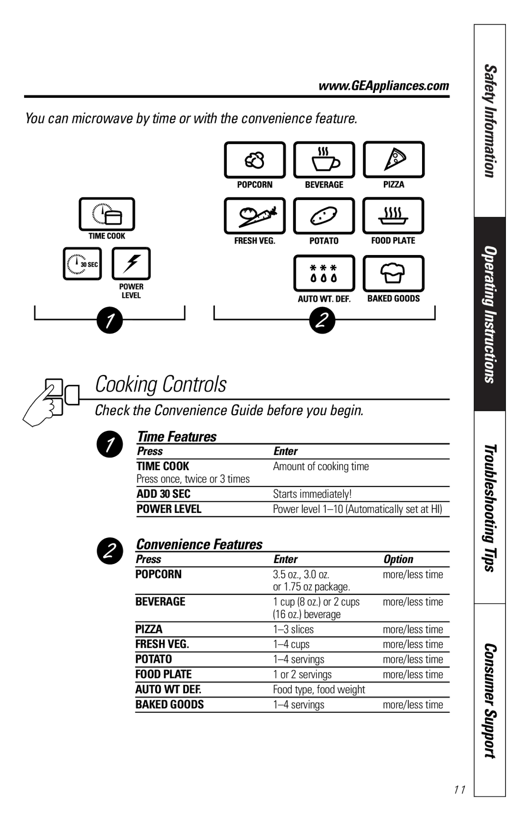 GE JES1133WD owner manual Time Features, Convenience Features 