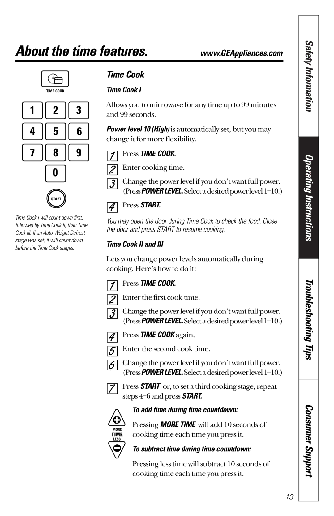 GE JES1133WD owner manual About the time features, Time Cook, Consumer Support 