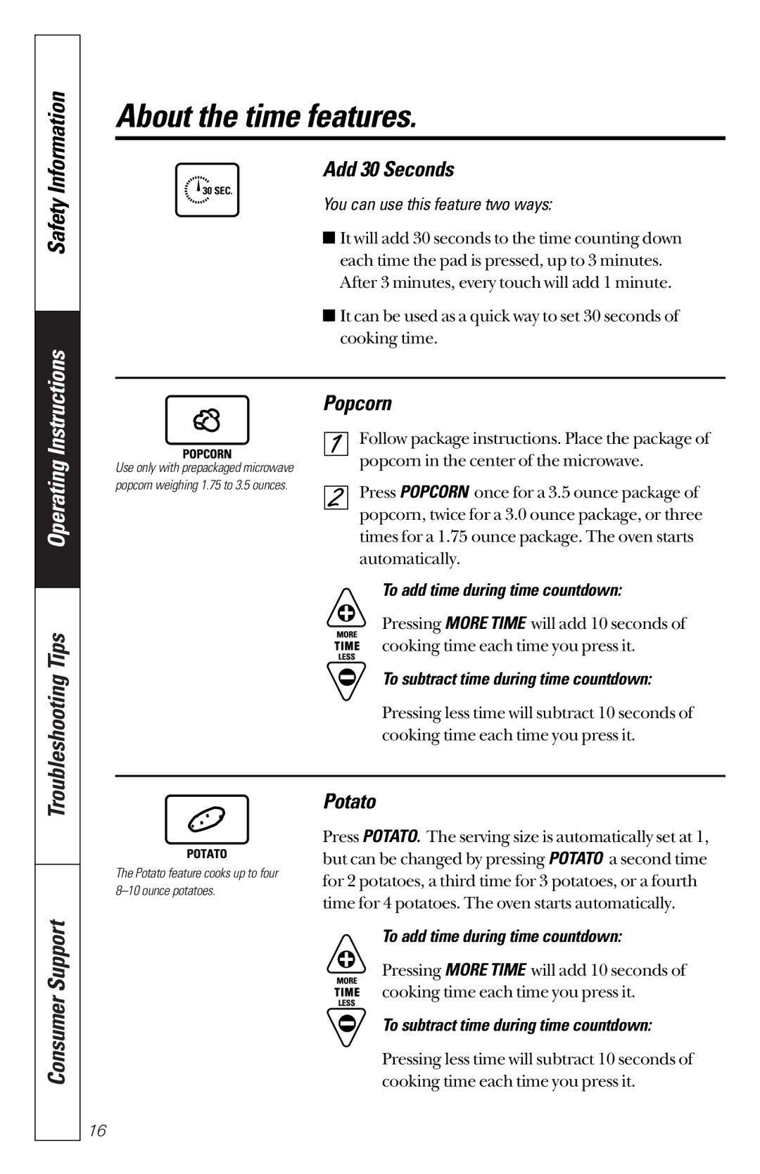GE JES1133WD owner manual Add 30 Seconds, Popcorn, Potato, You can use this feature two ways 